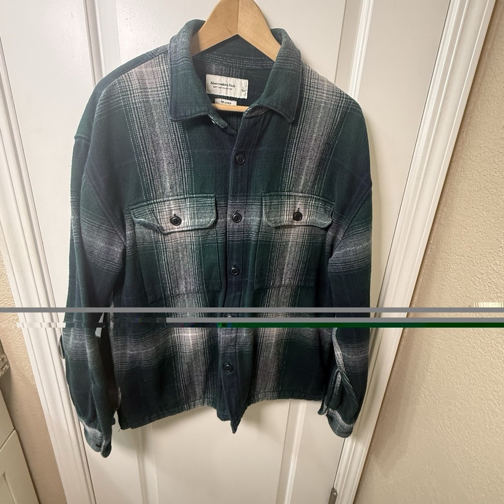 Abercrombie & Fitch Mens L Green Plaid Flannel Shirt Jacket Relaxed Fit Shacket